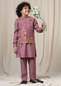 Kalki Wistful Mauve Purple Embroidered Bandi Kurta Set In Silk For Boys