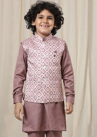 Kalki Woodrose Purple Kurta Set With Printed Bandi Jacket In Silk For Boys