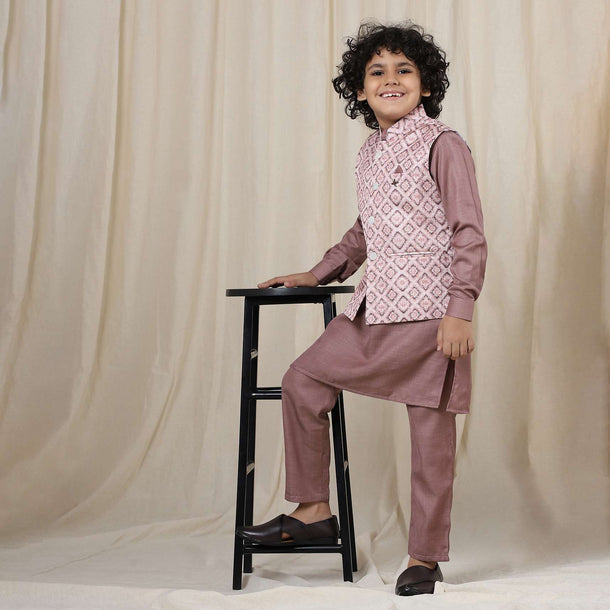 Kalki Woodrose Purple Kurta Set With Printed Bandi Jacket In Silk For Boys