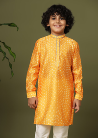 Kalki Yellow Bandhani Printed Kurta Set In Silk For Boys