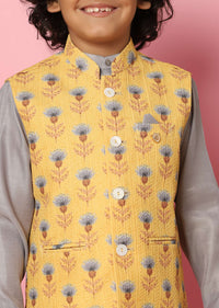 Kalki Yellow Bandi Jacket And Kurta Set In Silk With Print For Boys