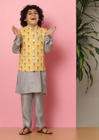 Kalki Yellow Bandi Jacket And Kurta Set In Silk With Print For Boys