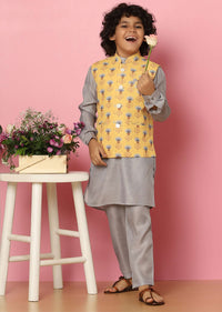 Kalki Yellow Bandi Jacket And Kurta Set In Silk With Print For Boys