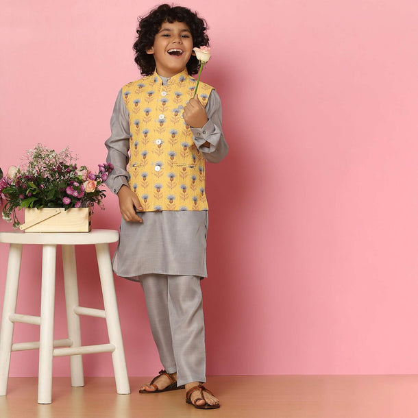 Kalki Yellow Bandi Jacket And Kurta Set In Silk With Print For Boys