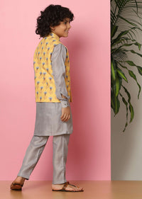 Kalki Yellow Bandi Jacket And Kurta Set In Silk With Print For Boys