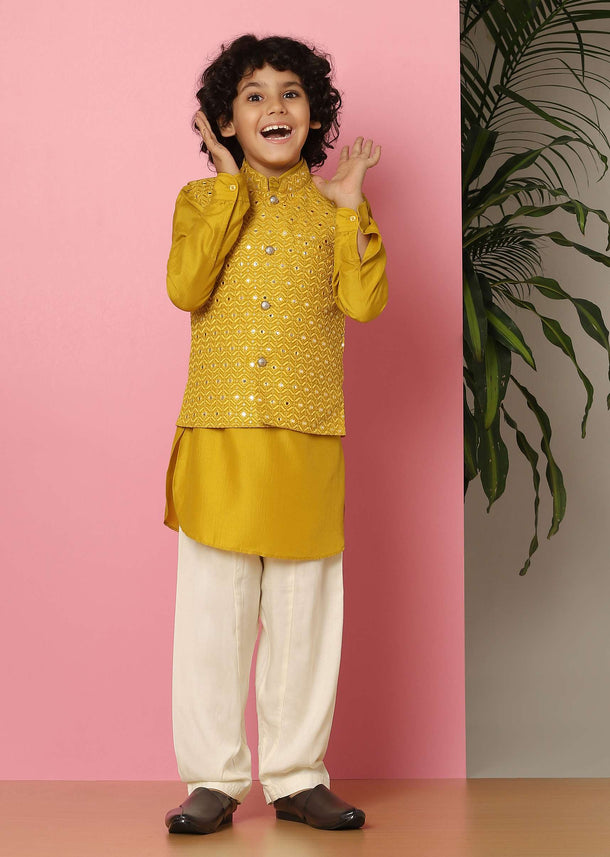 Kalki Yellow Embroidered Bandi Jacket Set With Abla Work For Boys