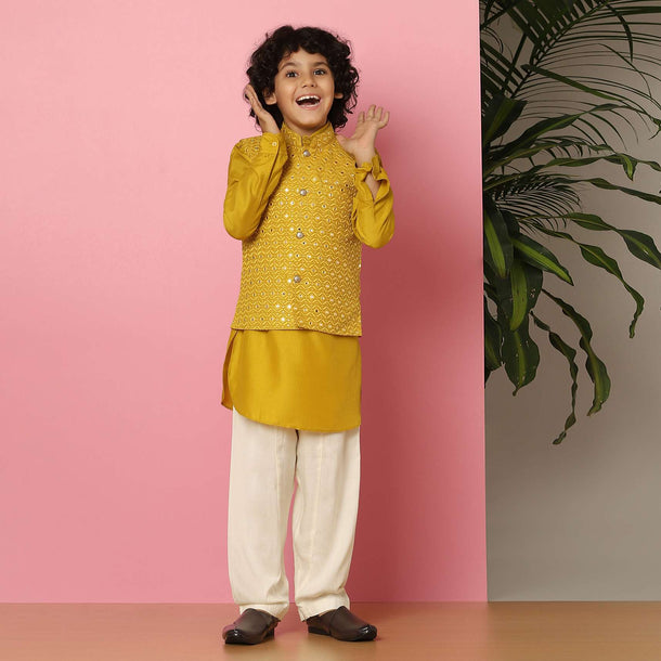 Kalki Yellow Embroidered Bandi Jacket Set With Abla Work For Boys