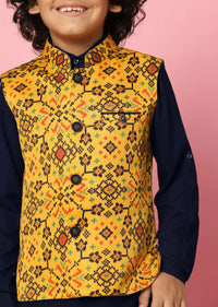 Kalki Yellow Patola Printed Bandi Jacket Set In Tussar Silk For Boys