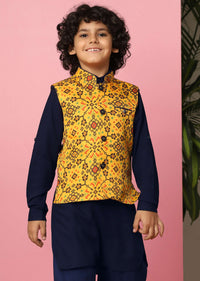 Kalki Yellow Patola Printed Bandi Jacket Set In Tussar Silk For Boys