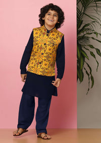 Kalki Yellow Patola Printed Bandi Jacket Set In Tussar Silk For Boys