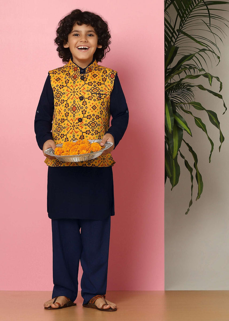 Kalki Yellow Patola Printed Bandi Jacket Set In Tussar Silk For Boys