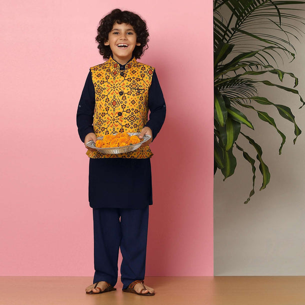 Kalki Yellow Patola Printed Bandi Jacket Set In Tussar Silk For Boys