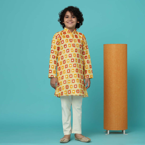 KALKI Yellow Printed Kurta Set For Boys