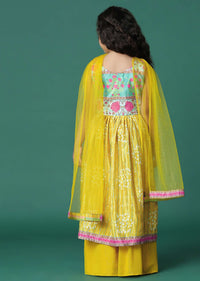 Kalki Yellow Printed Kurta And Palazzo In Satin Blend For Girls