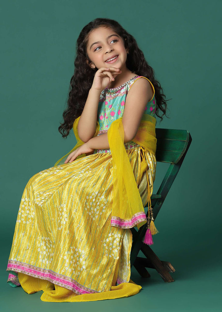 Kalki Yellow Printed Kurta And Palazzo In Satin Blend For Girls