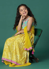 Kalki Yellow Printed Kurta And Palazzo In Satin Blend For Girls