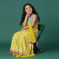 Kalki Yellow Printed Kurta And Palazzo In Satin Blend For Girls