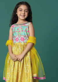 Kalki Yellow Printed Kurta And Palazzo In Satin Blend For Girls