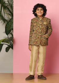 Kalki Yellow Velvet Sherwani Set With Sequins And Floral Print For Boys