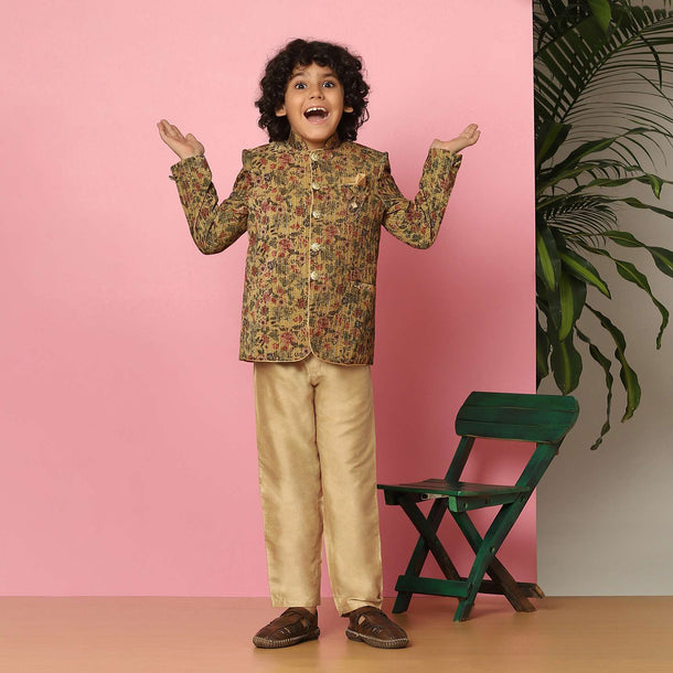 Kalki Yellow Velvet Sherwani Set With Sequins And Floral Print For Boys