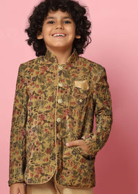Kalki Yellow Velvet Sherwani Set With Sequins And Floral Print For Boys
