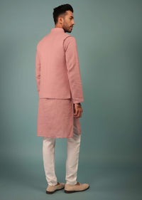 Salmon Pink Bandi Jacket Set In Linen With Blooming Floral Embroidery