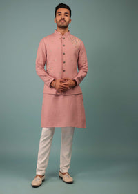 Salmon Pink Bandi Jacket Set In Linen With Blooming Floral Embroidery