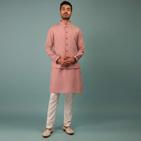Salmon Pink Bandi Jacket Set In Linen With Blooming Floral Embroidery