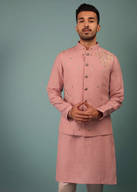 Salmon Pink Bandi Jacket Set In Linen With Blooming Floral Embroidery
