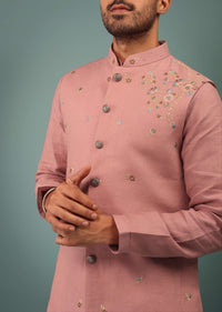 Salmon Pink Bandi Jacket Set In Linen With Blooming Floral Embroidery