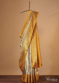 Kanjivaram Silver-Gold Toned Tissue Saree With 7gm Real Zari And Unstitched Blouse