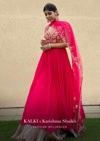 Rani Pink Anarkali Suit In Crushed Georgette With A Hand Embroidered Bodice Adorned In Multi Colored Resham And Sequins Work