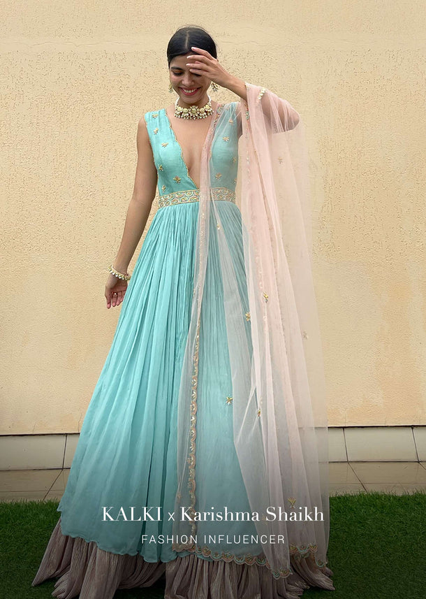 Mint Anarkali Suit With A Plunging Neckline And Hand Embroidered Buttis Featuring Multi Colored Sequins And Beads