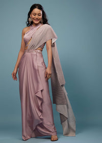 Lush Lavender Purple Embroidered Ready-Pleated Saree In Satin