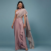 Lush Lavender Purple Embroidered Ready-Pleated Saree In Satin