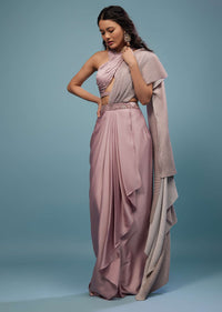 Lush Lavender Purple Embroidered Ready-Pleated Saree In Satin