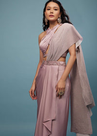 Lush Lavender Purple Embroidered Ready-Pleated Saree In Satin