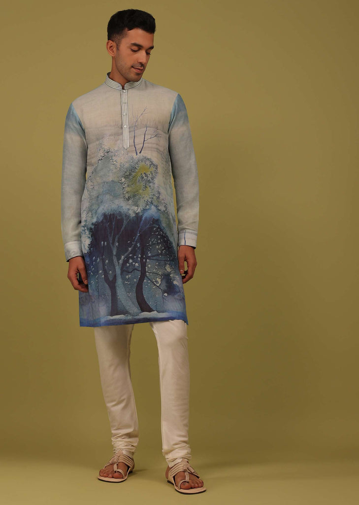 Powder Blue Printed Linen Kurta