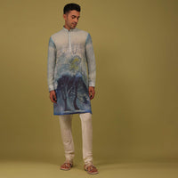 Powder Blue Printed Linen Kurta