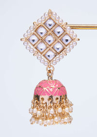 Kite shaped kundan studded earring with pink jhumkas only on kalki