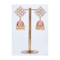 Kite shaped kundan studded earring with pink jhumkas only on kalki