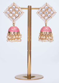 Kite shaped kundan studded earring with pink jhumkas only on kalki