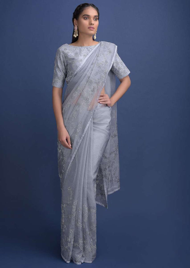 Koala Grey Saree In Organza With Kundan Work In Floral And Leaf Pattern Online - Kalki Fashion