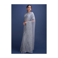 Koala Grey Saree In Organza With Kundan Work In Floral And Leaf Pattern Online - Kalki Fashion