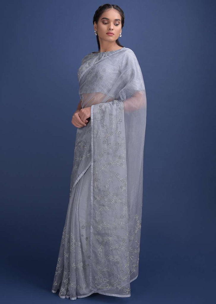 Koala Grey Saree In Organza With Kundan Work In Floral And Leaf Pattern Online - Kalki Fashion