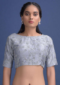 Koala Grey Saree In Organza With Kundan Work In Floral And Leaf Pattern Online - Kalki Fashion