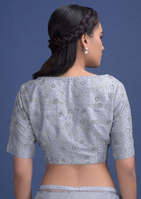 Koala Grey Saree In Organza With Kundan Work In Floral And Leaf Pattern Online - Kalki Fashion