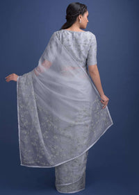 Koala Grey Saree In Organza With Kundan Work In Floral And Leaf Pattern Online - Kalki Fashion