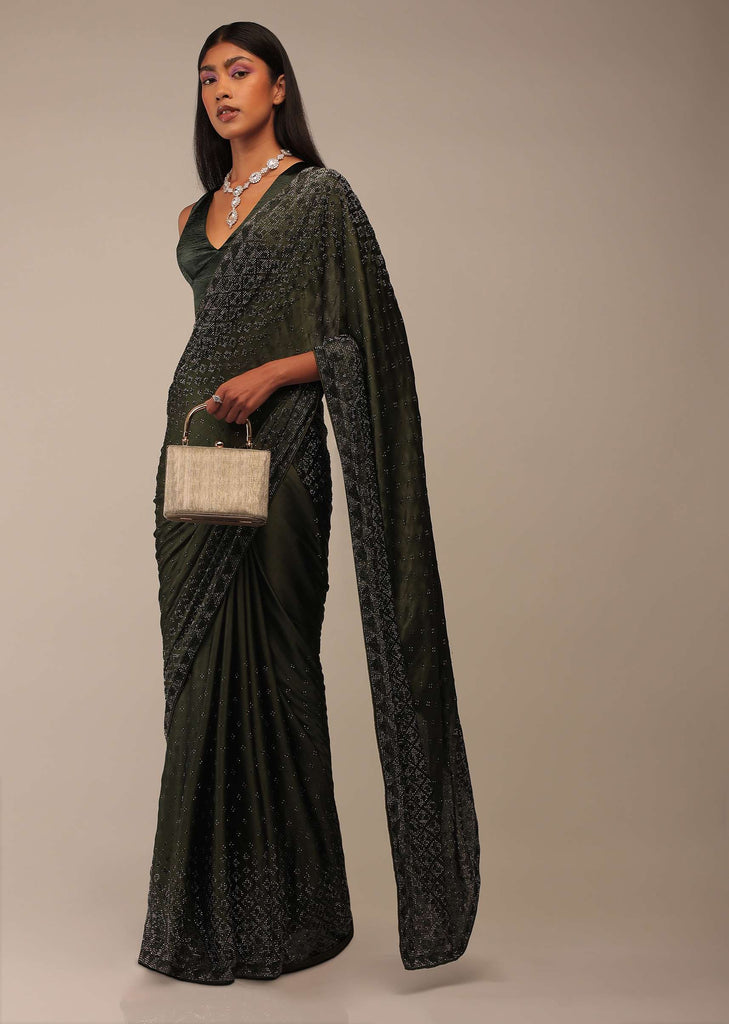 Kombu Green Saree With Stones Embellishment, Crafted In Chiffon With Stones Embellished In Buttis