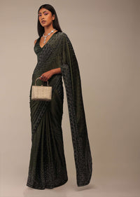 Kombu Green Saree With Stones Embellishment, Crafted In Chiffon With Stones Embellished In Buttis